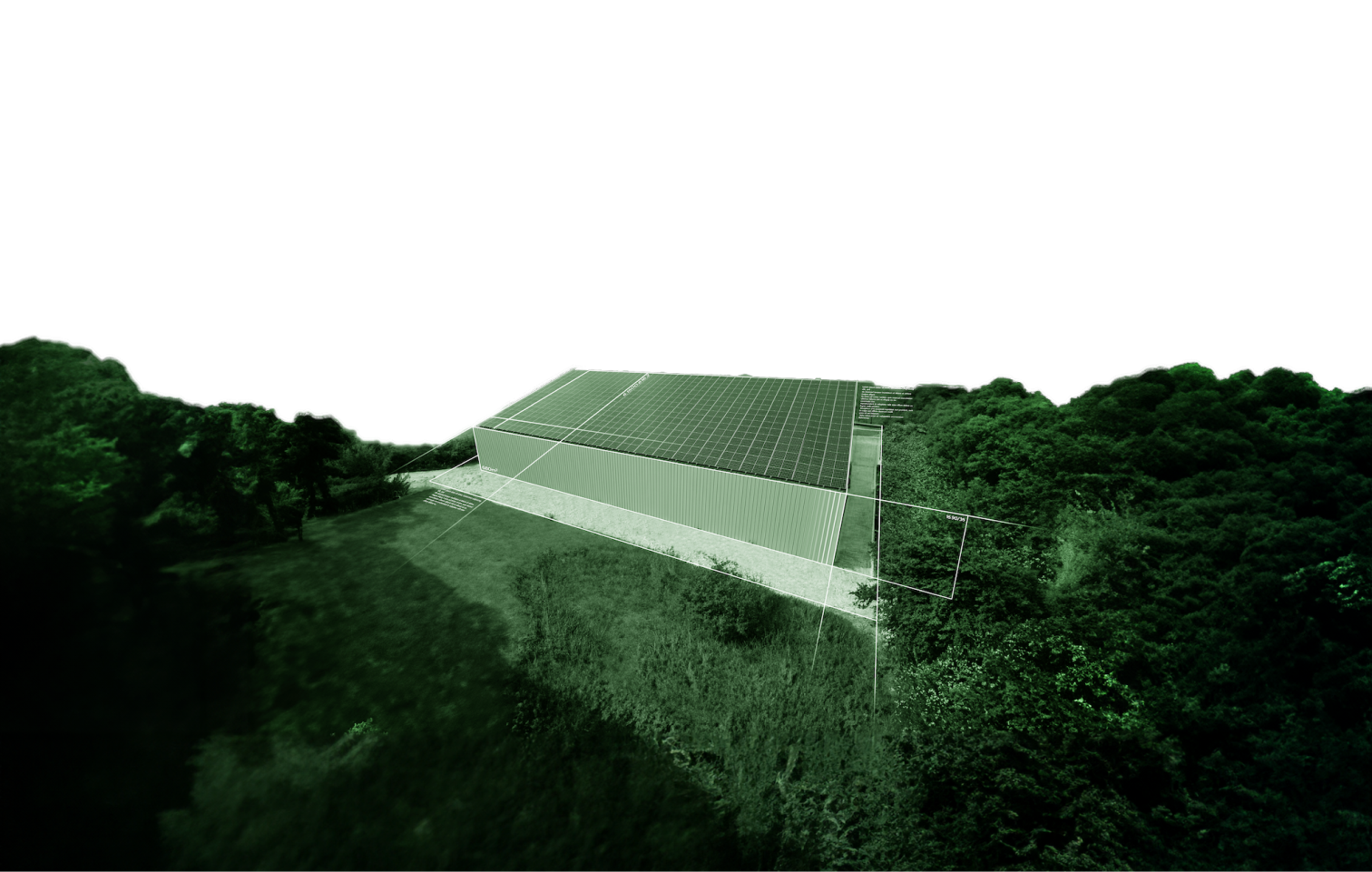 image d'un hangar solaire de Triangle energie avec un filtre vert sur la couleur de la photo